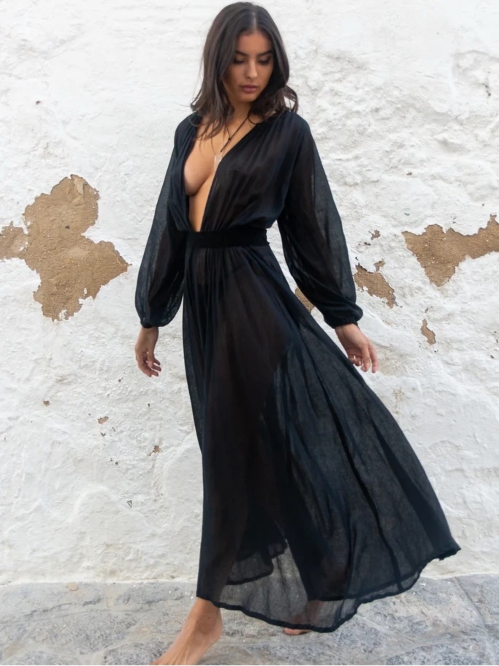 Sheer Black Deep-V Long Sleeve Maxi Dress